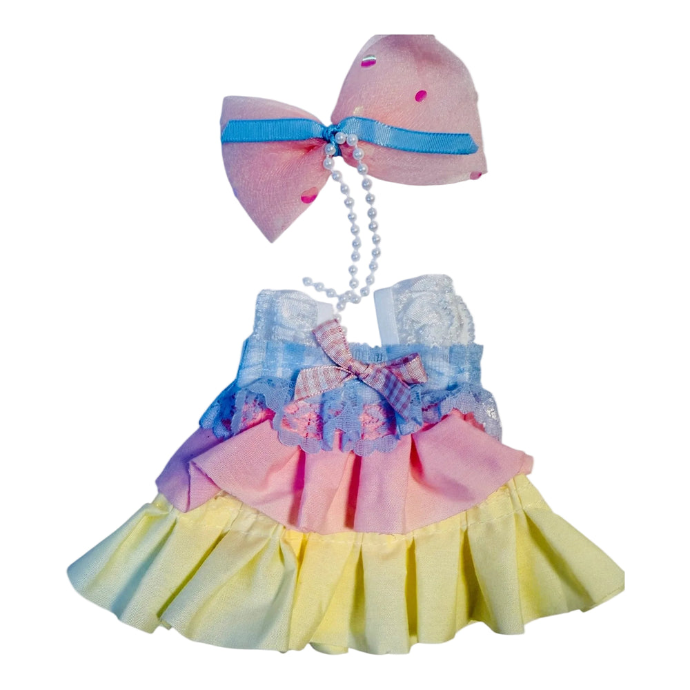 multicolor  tiered dress with a matching pink bow for 17cm dolls