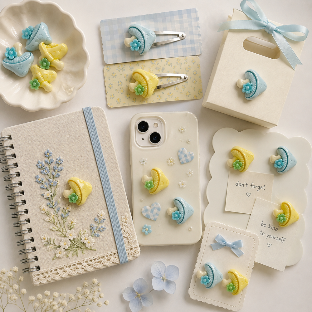 mushroom resin flatback charms with cream stems and floral accents for DIY crafts.