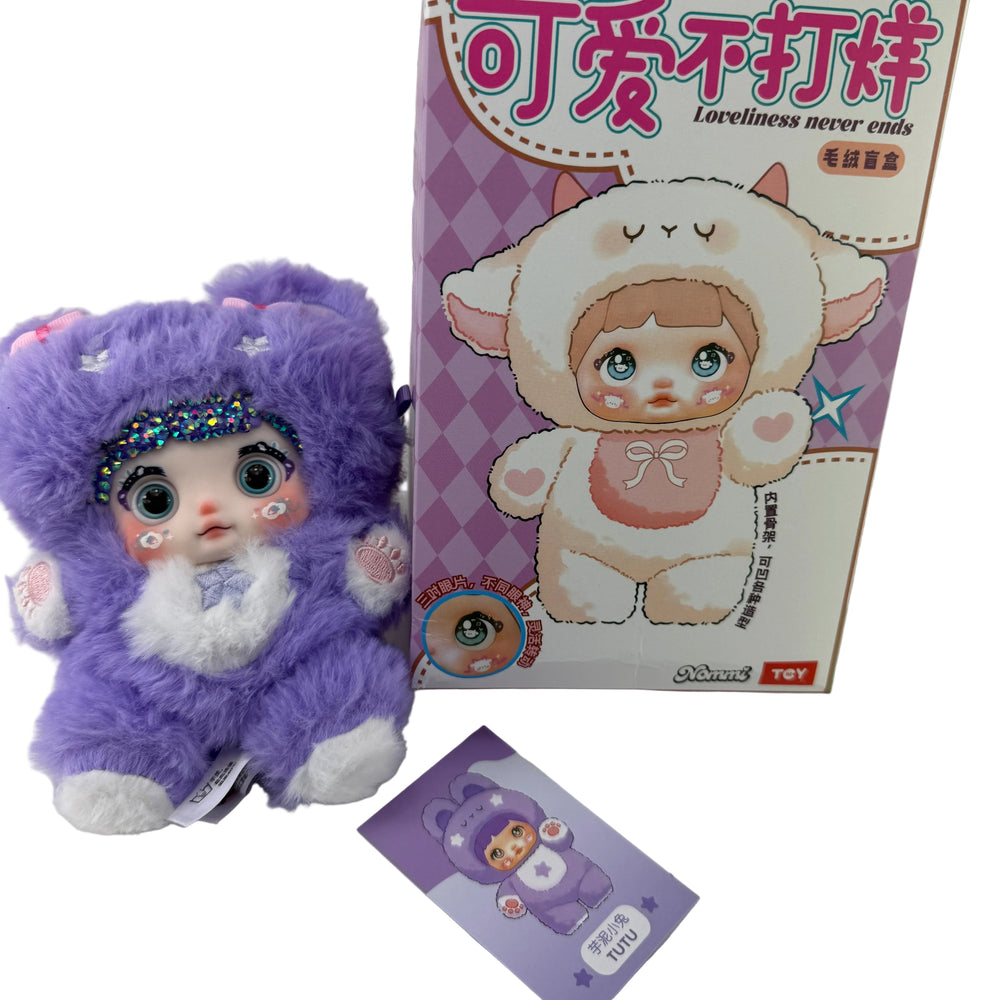 nommi purple plush pendant hand-bedazzled with sparkling crystals, soft kawaii bear with pendant loop, custom collectible