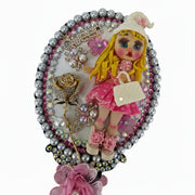 one of a kind kawaii vanity set for girls with cold porcelain dolls, rhinestones and pink decor
