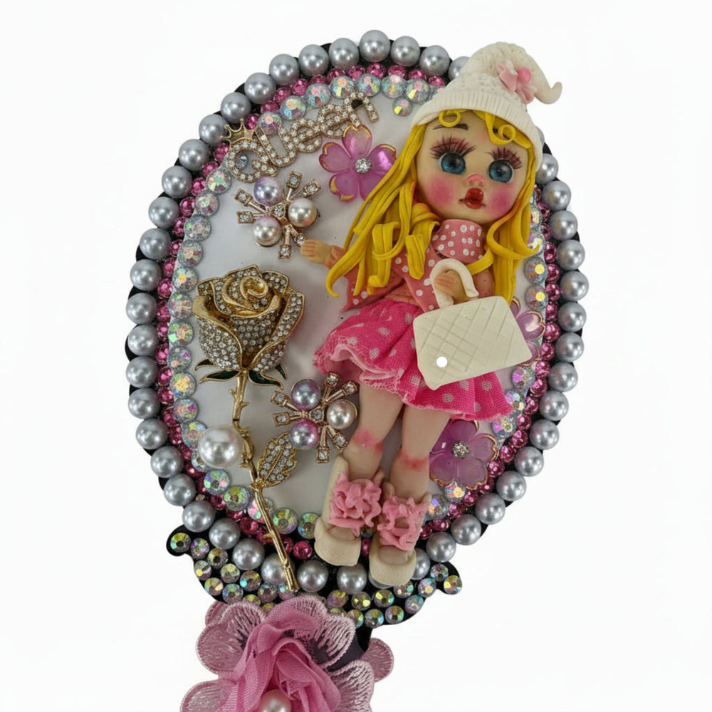 one of a kind kawaii vanity set for girls with cold porcelain dolls, rhinestones and pink decor