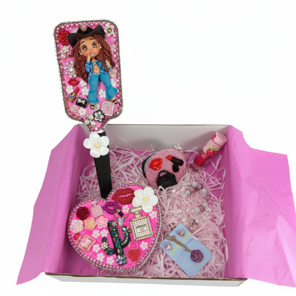 open gift box with coquette vanity set featuring decoden decorated hair brush heart jewelry box and accessories