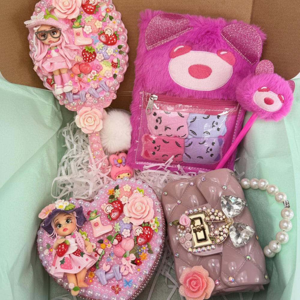 open gift box with pink strawberry decoden vanity set featuring plush journal decorated mirror jewelry box and purse