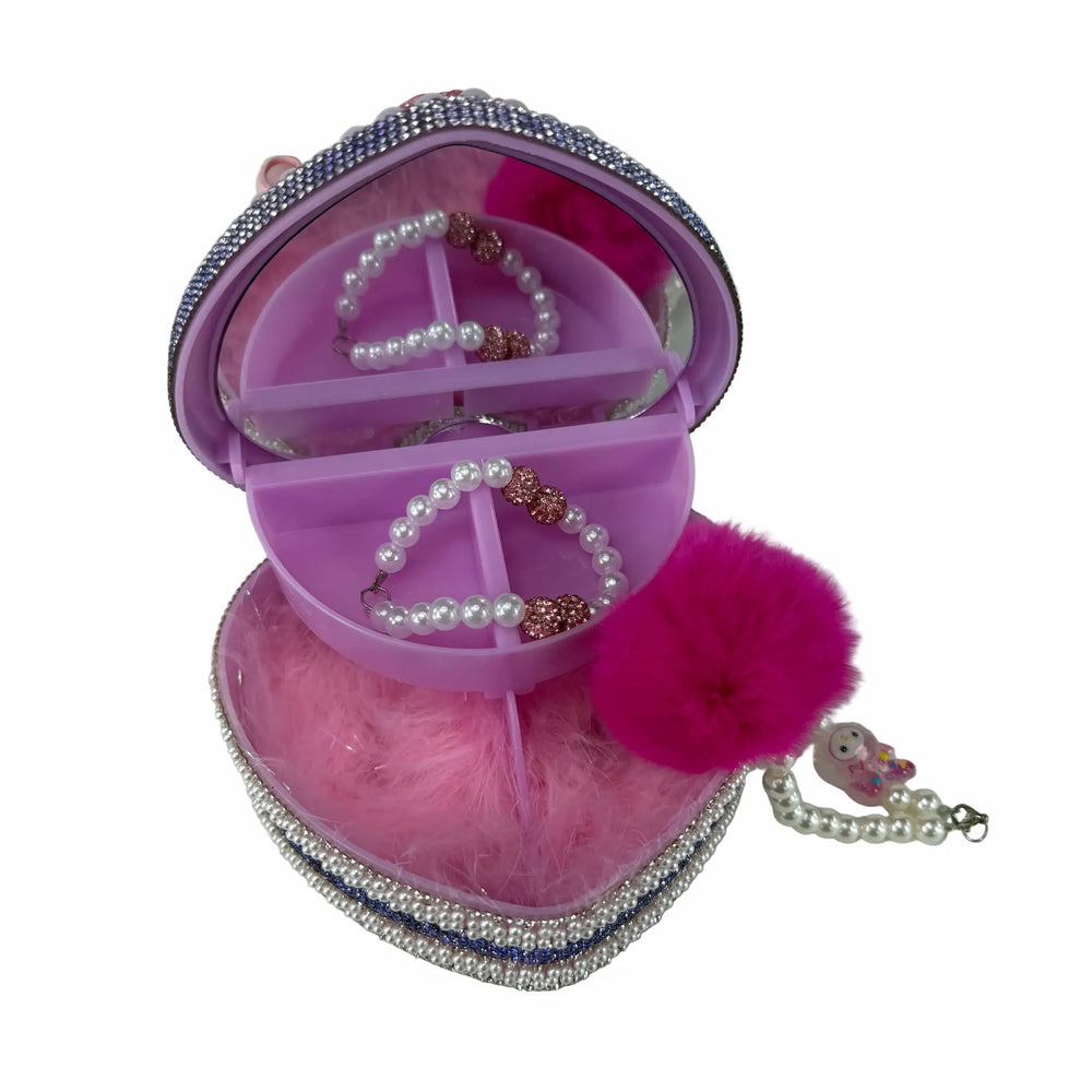 open heart-shaped decoden jewelry box showing the purple satin lining inside for storing rings and accessories