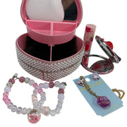 open pink heart jewelry box showing its interior compartments for storing rings and fashion accessories