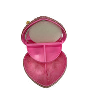 open pink heart shaped jewelry box showing inner compartments