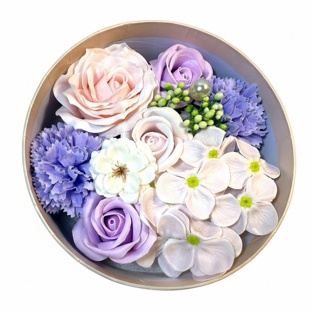 ose petal soap gift box with purple, pink, white and lilac floral soaps