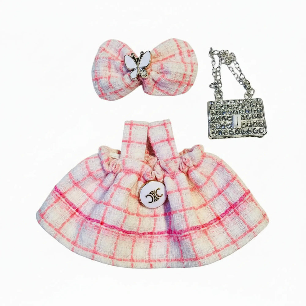 outfit for 17cm doll: Plaid skirt with matching hair bow and pink rhinestone purse