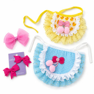 Dog Tutu Outfit | Yellow & Blue Pompom Detail Set with Bows for Small Dogs & Cats Size M