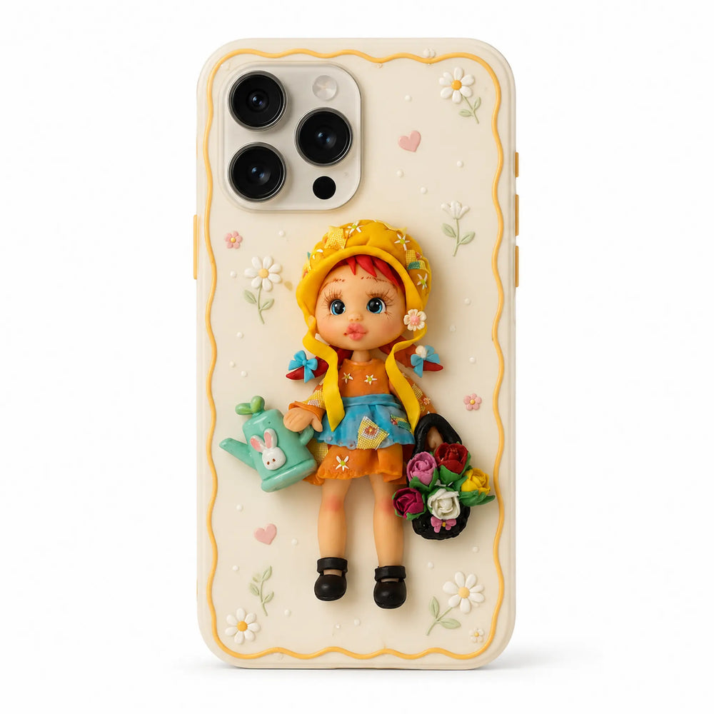 phone case featuring a 3D clay-style illustration of a girl with a yellow hat and dress, holding a green watering can and a flower basket