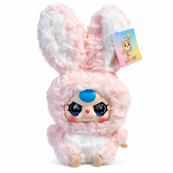 pink baby three bunny plush with long ears, blue forehead accent, white belly and colorful hanging tag