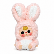 pink baby three plush doll with long bunny ears, white belly, peach feet and yellow crystal forehead decoration