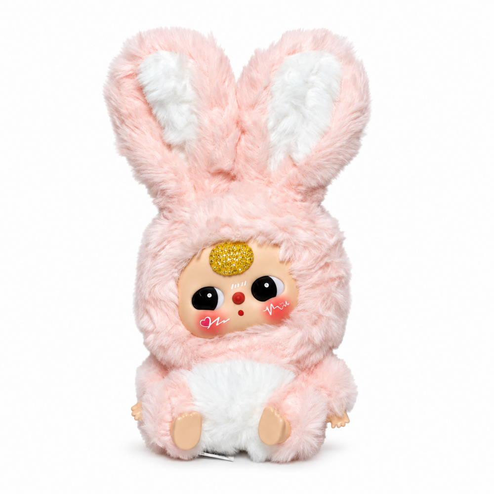pink baby three plush doll with long bunny ears, white belly, peach feet and yellow crystal forehead decoration