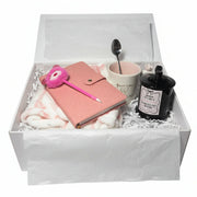 pink faux leather journal with snap closure and fuzzy character pen in kawaii gift box