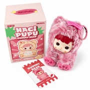 pink hacipupu cherry gummy bear plush pendant with pink paw pads, hanging clip, original box and character card