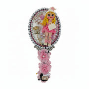 pink kawaii mirror and hair brush set featuring handmade cold porcelain dolls and sparkling embellishments