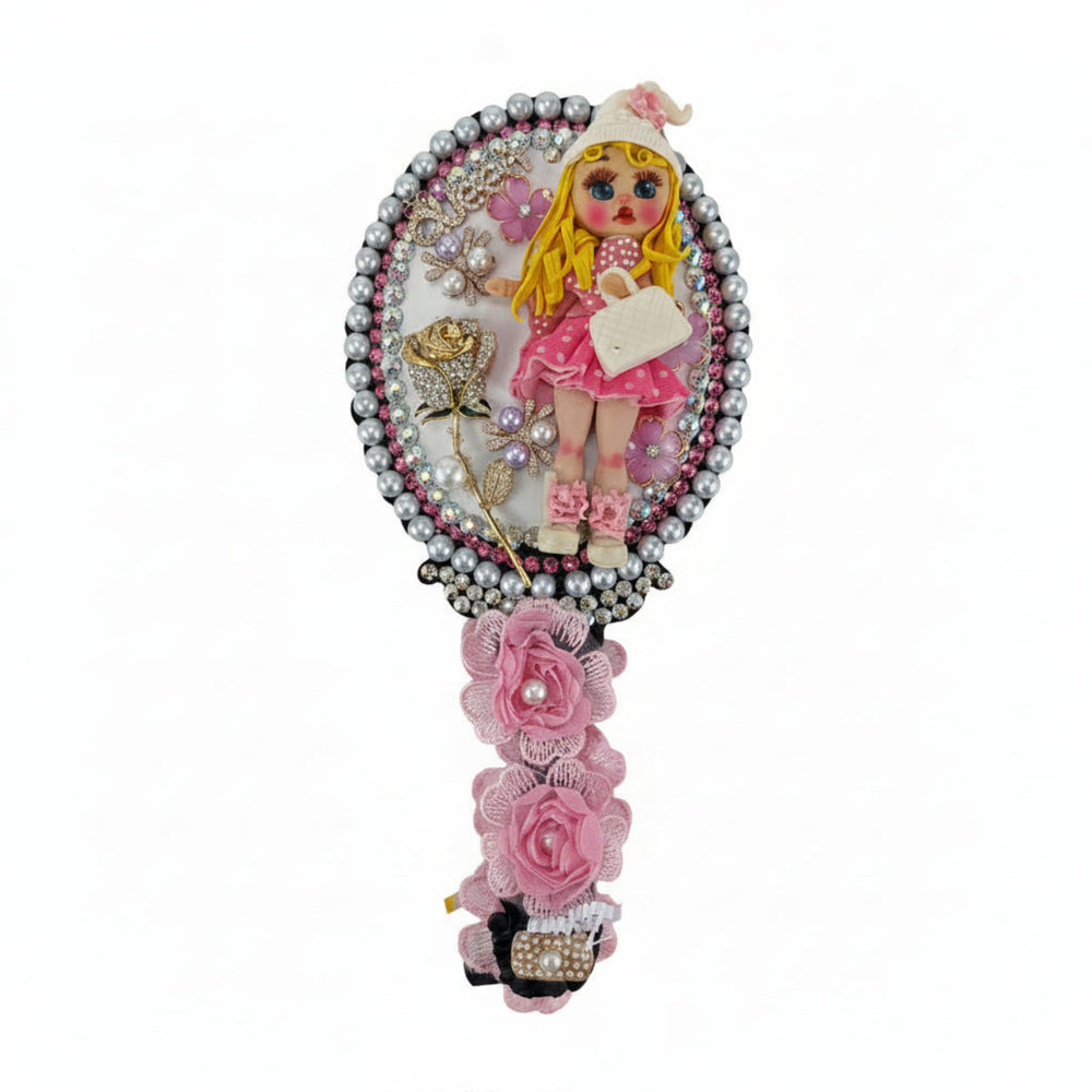 pink kawaii mirror and hair brush set featuring handmade cold porcelain dolls and sparkling embellishments