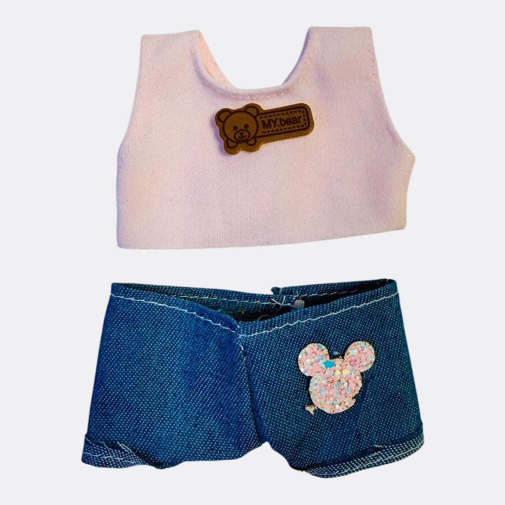pink no sleeves crop top with teddy bear in front and blue denim shorts with a decorative mousepatch 