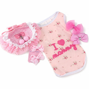I Love Mommy Pet Outfit Set for Cats & Dogs | Shirt, Tutu & Bows - M