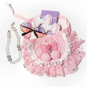 pink princess dog outfit with tutu, pearl collar, sunglasses and bows