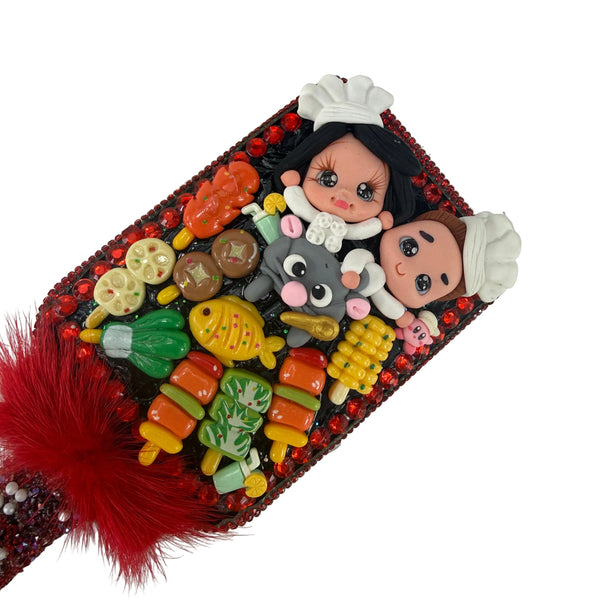 ratatouille inspired clay chef dolls on a mouse with miniature food charms on a red glitter sparkling hair brush