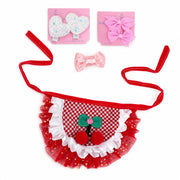 red cherry dog tutu with checkered fabric white ruffles and pom pom details