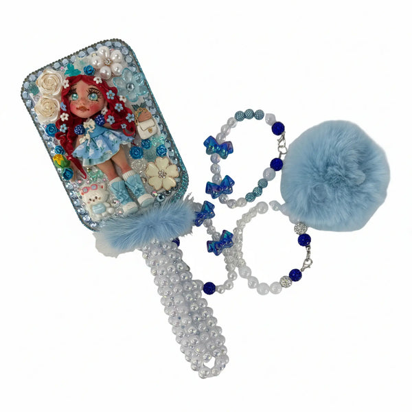 redhead freckled doll decorated hair brush with blue decoden charms, crystals and pearls, kawaii gift for her