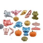 resin charms set made from silicone mold including miniature fish, apple, pumpkin, teacup, seashell, and crown shapes