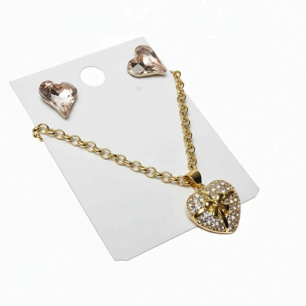rhinestone heart necklace and pink crystal earrings set