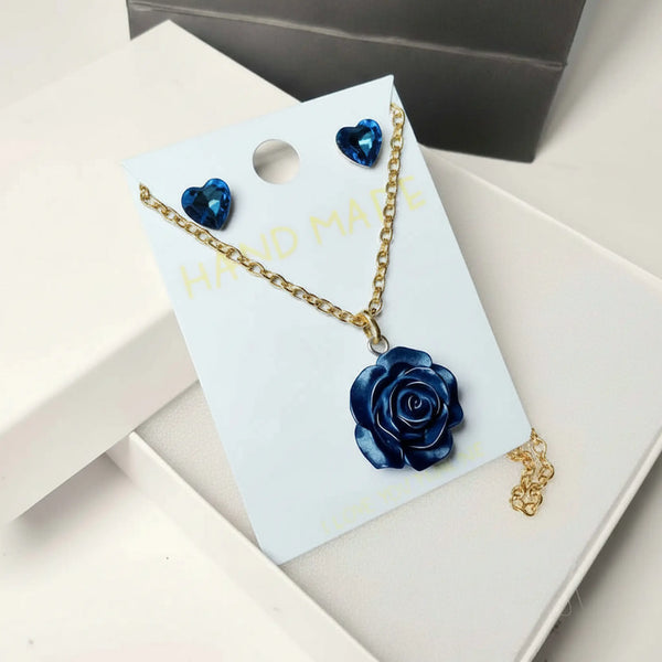 royal blue rose necklace and matching blue crystal heart earrings gift set