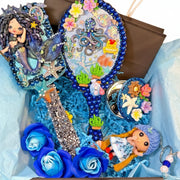 Mermaid Decoden vanity set featuring a decorated hair brush with a cold porcelain mermaid princess, a sea-themed handheld mirror with a metal octopus, and a matching ocean-style compact mirror.