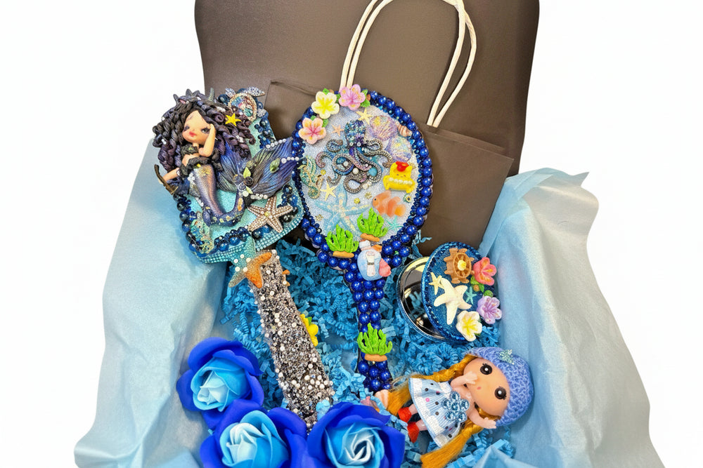 Luxury mermaid-themed birthday gift basket with magical sea accessories - Premium gift set by Majestic Boutique Miami
