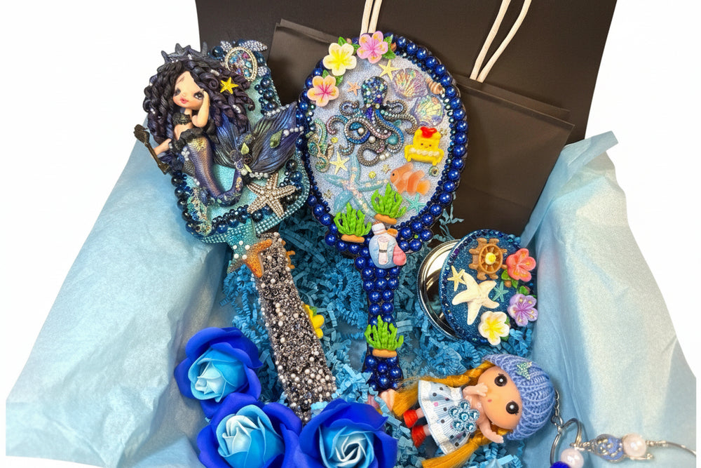 Luxury mermaid-themed birthday gift basket with magical sea accessories - Premium gift set by Majestic Boutique Miami
