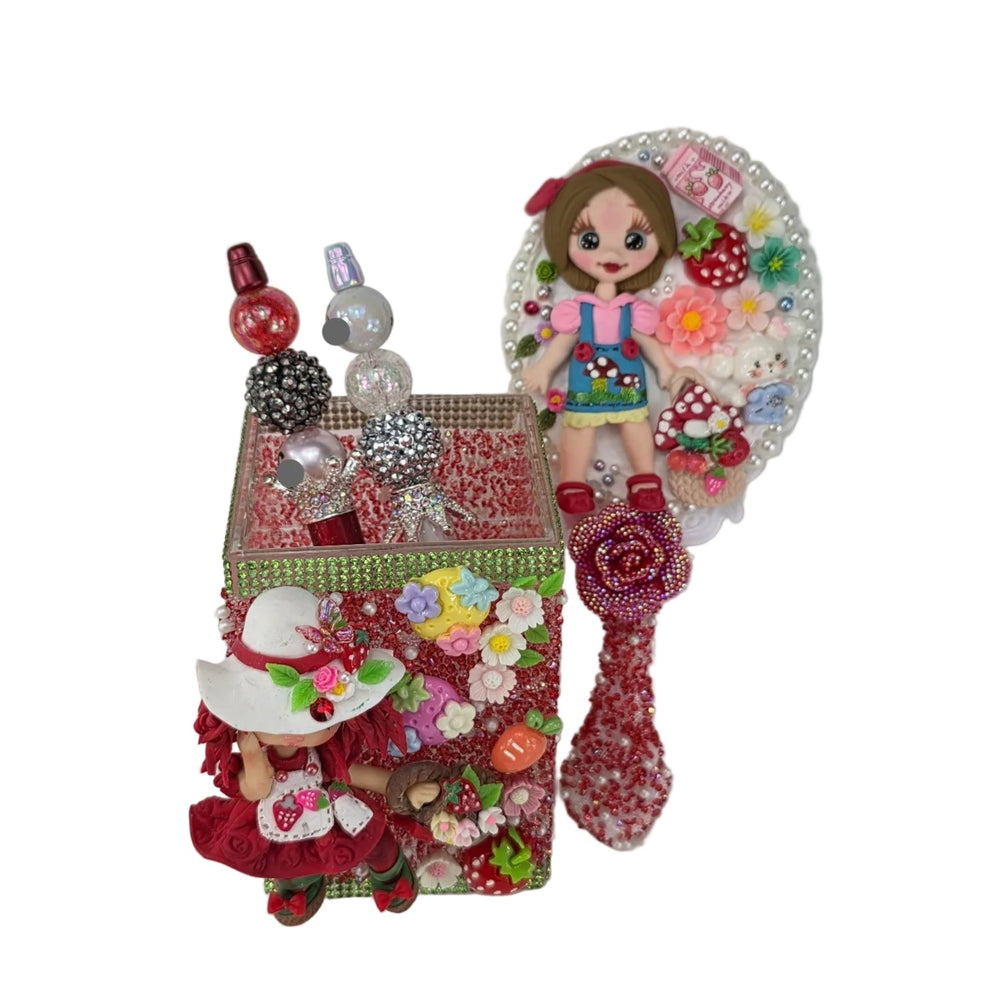 set of handmade strawberry accessories including decorated pens, clay doll mirror, and matching pencil holder for girls