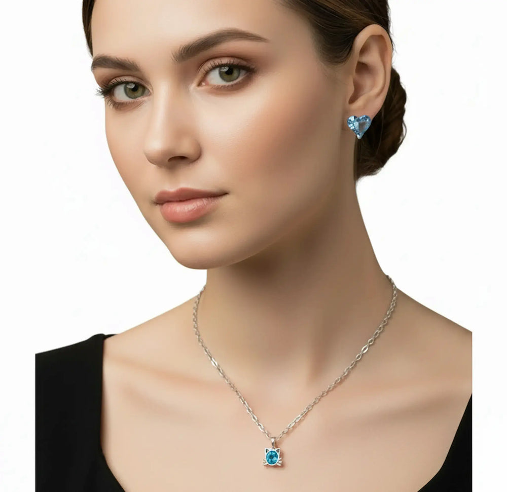 silver-tone cat pendant necklace with crystal heart earrings gift set
