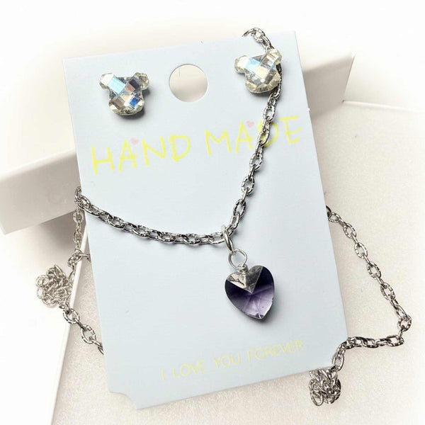 silver-tone crystal necklace and earring jewelry set purple heart pendant