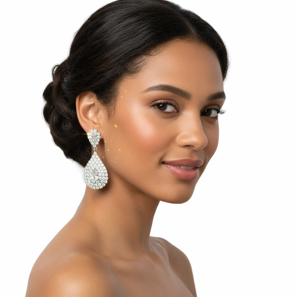 silver-tone fringe teardrop earrings with brilliant rhinestone sparkle