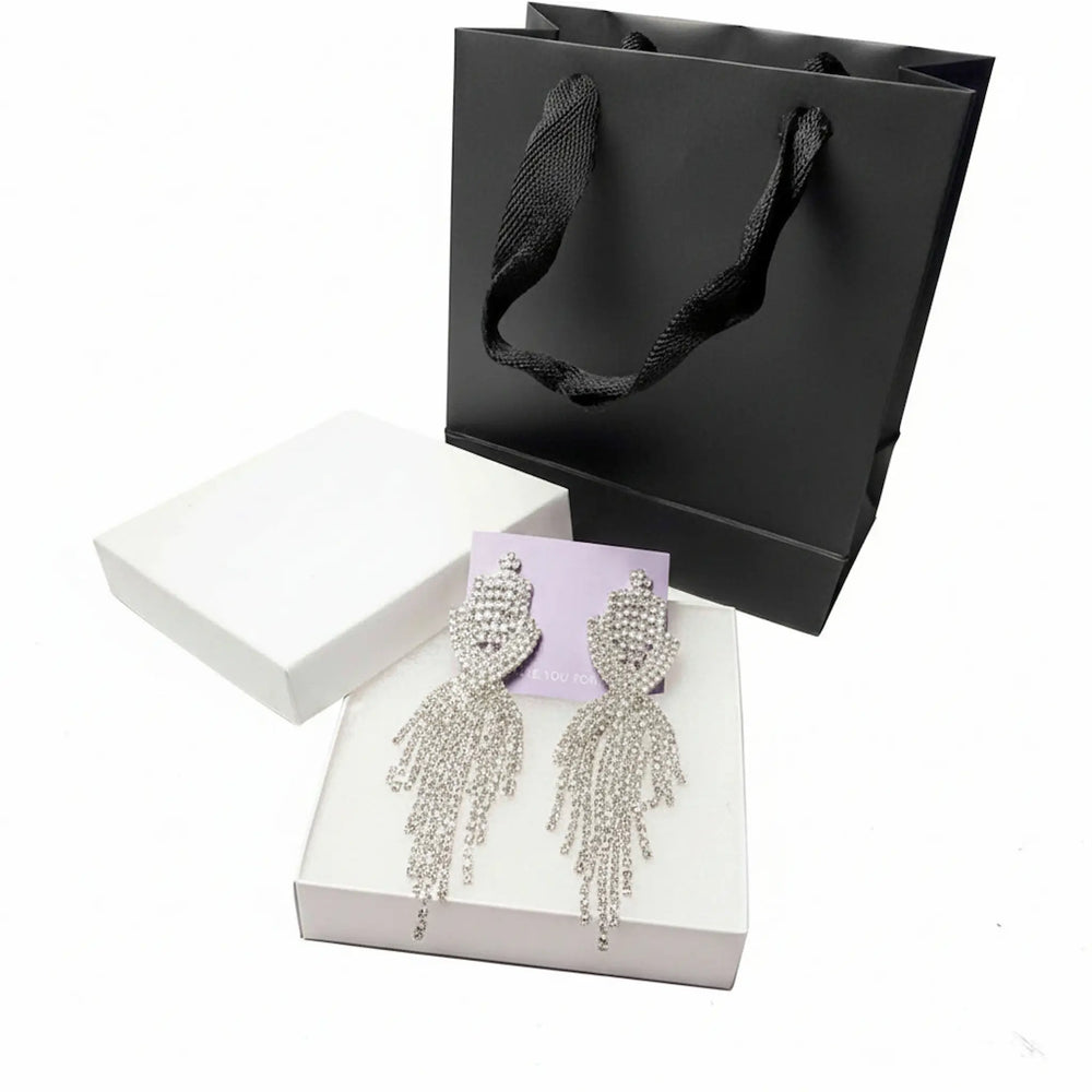 silver-tone fringe teardrop rhinestone earrings with brilliant sparkle 