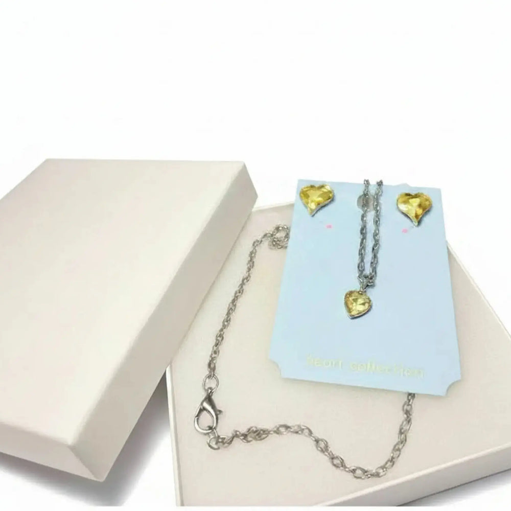 silver crystal heart necklace and earring set in white gift box