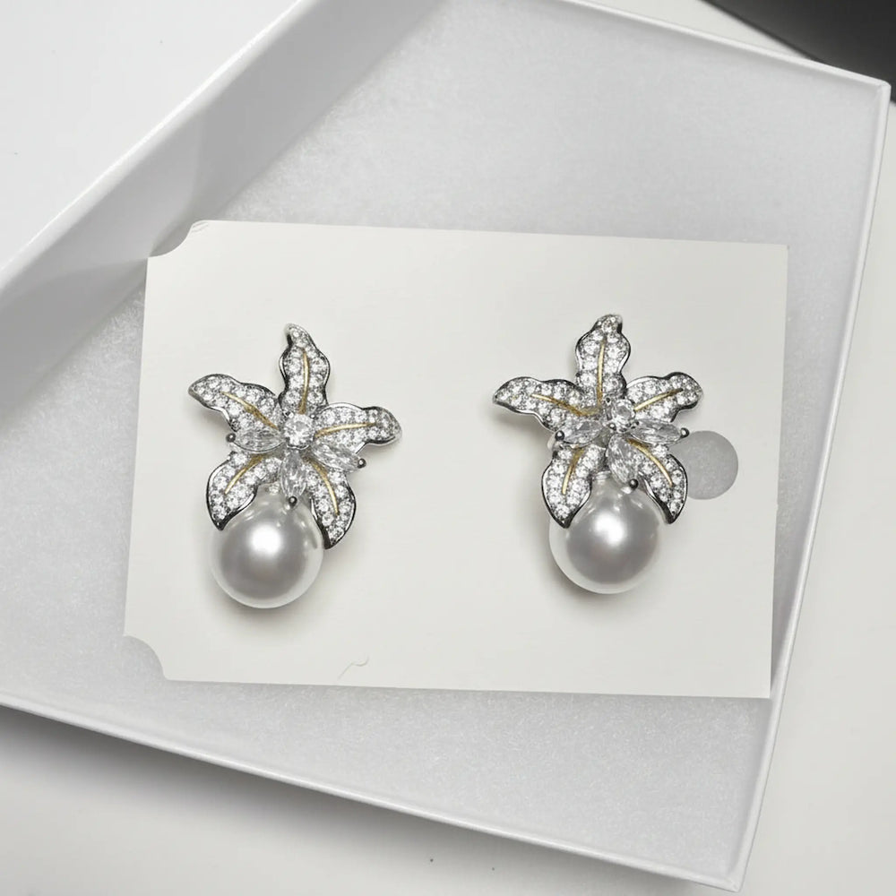 silver floral rhinestone earrings in white jewelry box