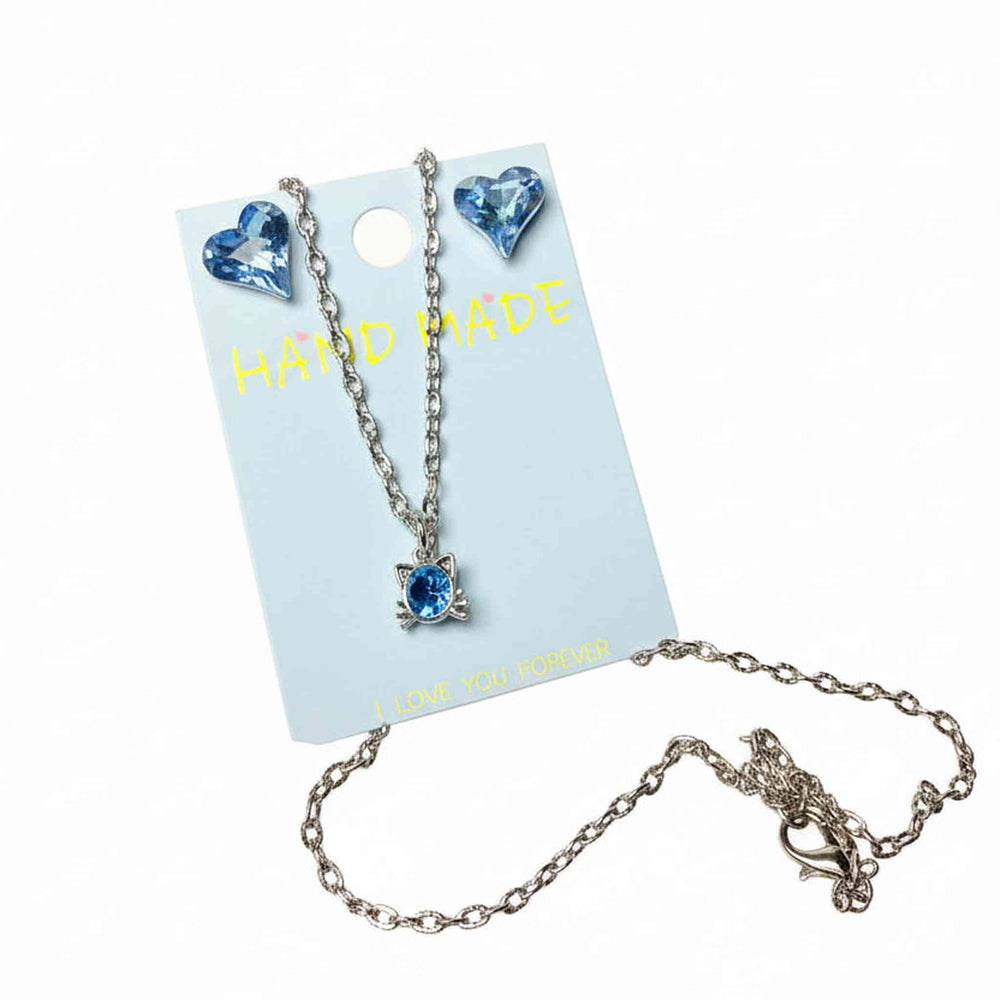 silver tone blue cat pendant necklace and blue heart crystal earrings 