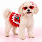 A small cream-colored dog wearing a red and white checkered pet outfit with a ruffled tutu, red heart-shaped sunglasses, and a pink bow, standing against a white background with a pink floor.