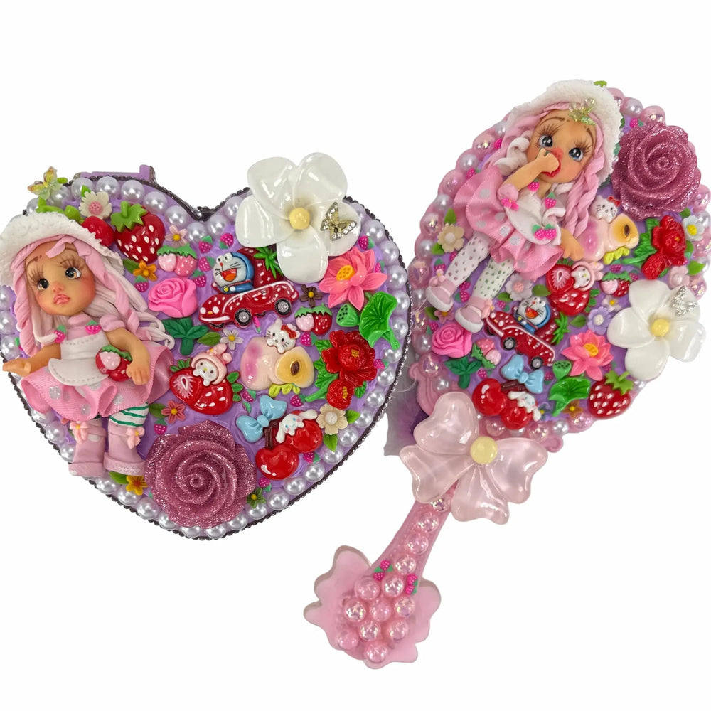 strawberry coquette vanity set featuring a decoden decorated hand mirror and a matching heart-shaped jewelry box
