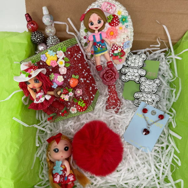 strawberry doll aesthetic gift set with handmade pencil holder, mini mirror, crystal earrings, and cute accessories.