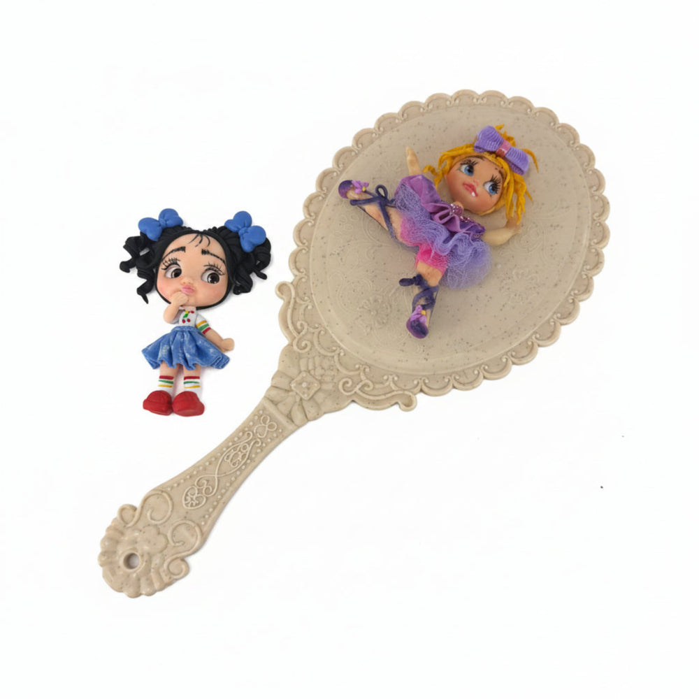  two doll set flexible cold porcelain girl flatbacks in purple tutu and school girl