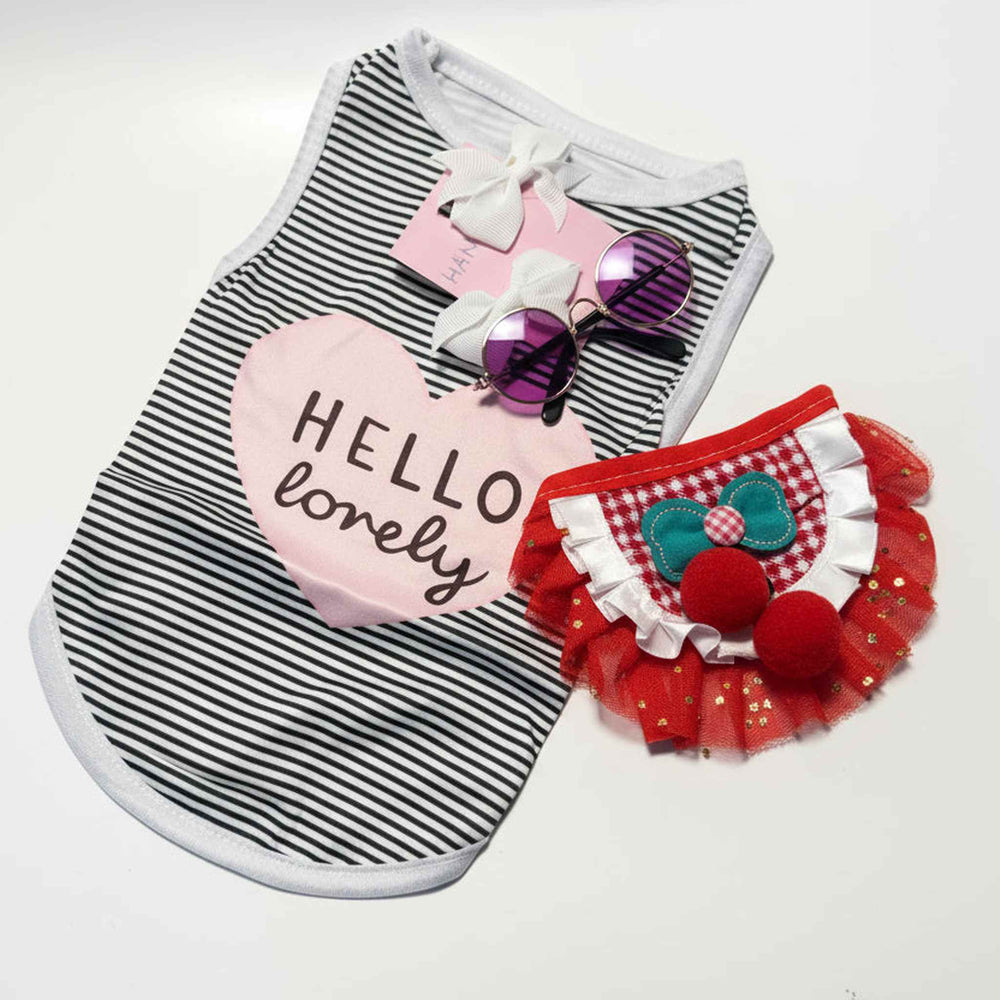 xs dog princess set with hair bow, sunglasses and red tutu skirt