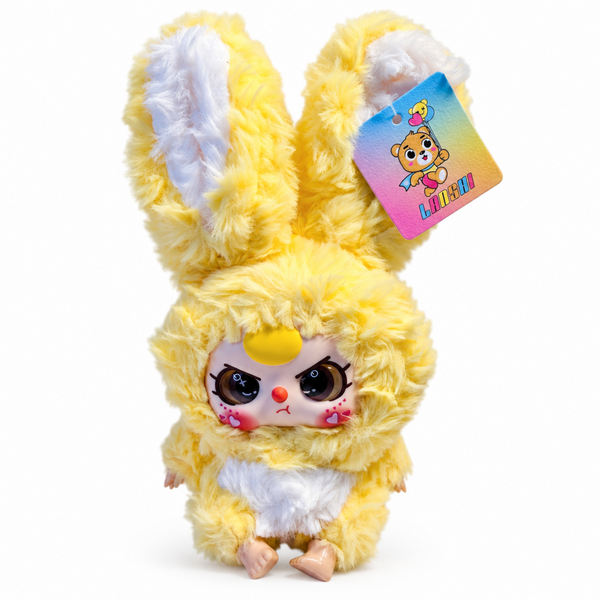 yellow baby three bunny plush with long ears, white belly, heart cheeks and colorful hanging tag