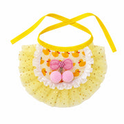 yellow duck pet tutu with ruffle trim, gold star tulle, pink bow and pom poms for cats and small dogs