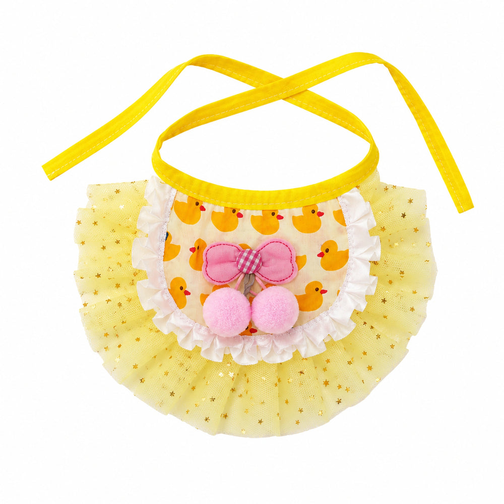 yellow duck pet tutu with ruffle trim, gold star tulle, pink bow and pom poms for cats and small dogs