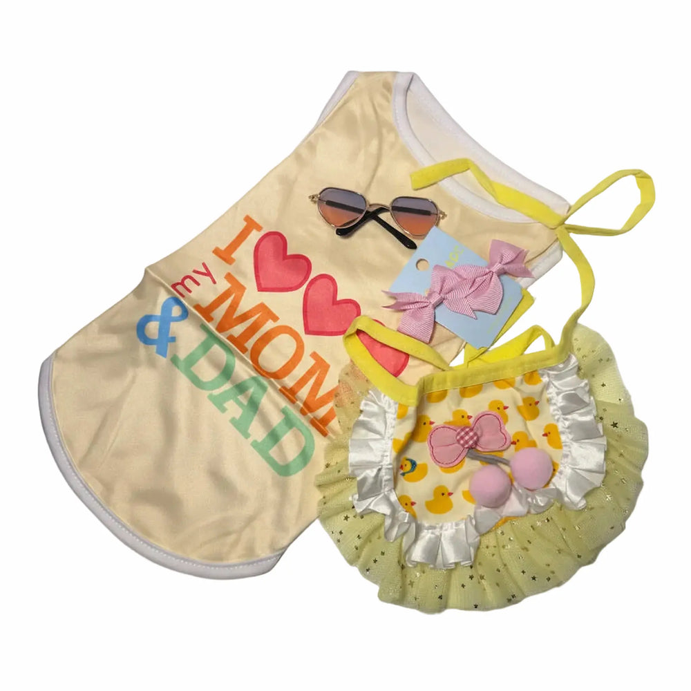 yellow i love mom and dad dog outfit with tutu and sunglasses